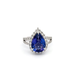 14K WHITE GOLD TANZANITE RING WITH DIAMOND HALO 4.00 CTS