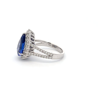 14K WHITE GOLD TANZANITE RING WITH DIAMOND HALO 4.00 CTS