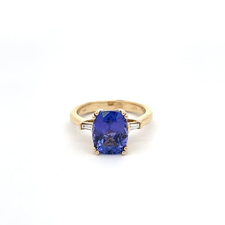 14K YELLOW GOLD TANZANITE RING WITH BAGUETTE DIAMONDS 3.50 CTS