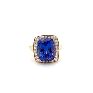 14K YELLOW GOLD TANZANITE RING WITH DIAMOND HALO 7.80 CTS