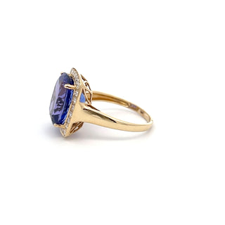 14K YELLOW GOLD TANZANITE RING WITH DIAMOND HALO 7.80 CTS