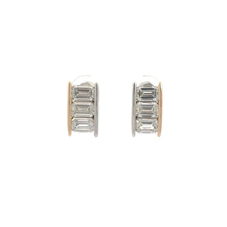 14K WY/G TWO TONE LAB GROWN DIAMOND THREE STONE FASHION EARRINGS WITH EMERALD CUT DIAMONDS 4.00CTS