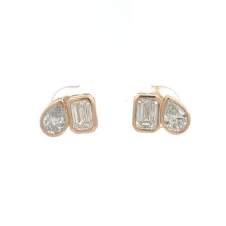 14K Y/G LAB GROWN DIAMOND TWO STONE FASHION EARRINGS WITH EMERALD AND PEAR CUT DIAMONDS 2.25CTS