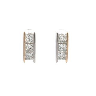 14K WY/G TWO TONE LAB GROWN DIAMOND THREE STONE FASHION EARRINGS WITH PRINCESS CUT DIAMONDS 3.25CTS