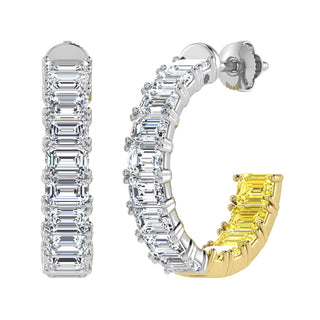 14K Two Tone Lab Grown 5 5/8 Ct.Tw. Outside White and Inside Yellow Emerald Hoop Earrings