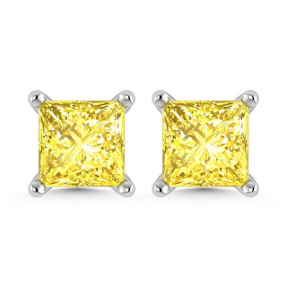 14K White Gold Lab Grown Yellow Diamond 1 1/2 Ct.Tw. Princess Stud Earrings