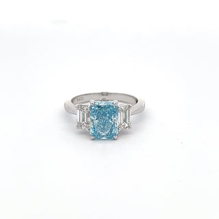 14K W/G LAB GROWN BLUE & WHITE DIAMOND RING 3.50CT RADIANT CUT