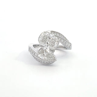14K W/G LAB GROWN DIAMOND TWO STONE FASHION RING WITH CUSHION AND PEAR 3.00CT