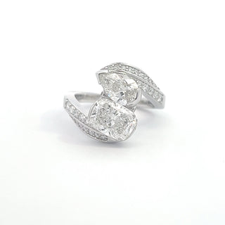 14K W/G LAB GROWN DIAMOND TWO STONE FASHION RING WITH CUSHION AND PEAR 3.00CT
