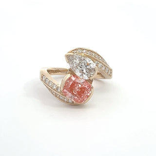 14K Y/G LAB GROWN DIAMOND TWO STONE FASHION RING WITH PINK DIAMOND CUSHION AND WHITE DIAMOND PEAR 3.00CT