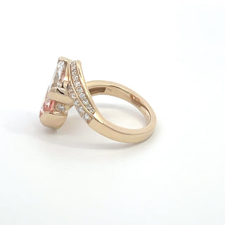 14K Y/G LAB GROWN DIAMOND TWO STONE FASHION RING WITH PINK DIAMOND CUSHION AND WHITE DIAMOND PEAR 3.00CT