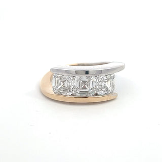 14K WY/G TWO TONE LAB GROWN DIAMOND THREE STONE FASHION RING WITH ASSCHER CUT DIAMONDS 3.25CTS