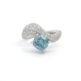 14K W/G LAB GROWN BLUE DIAMOND CUSHION CUT CENTER RING 3.OOCTS