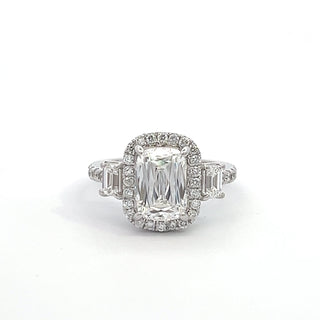 14K W/G LAB GROWN DIAMOND RING WITH AN ASHOKA CUT CENTER, EMERALD SIDES AND ROUND HALO 3.50CTS