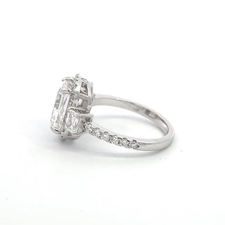 14K W/G LAB GROWN DIAMOND RING WITH AN ASHOKA CUT CENTER, EMERALD SIDES AND ROUND HALO 3.50CTS