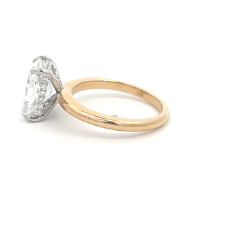 18K WY/G  TWO TONE LAB GROWN DIAMOND RADIANT SOLITAIRE RING WITH HIDDEN HALO ROUNDS 4.00CTS