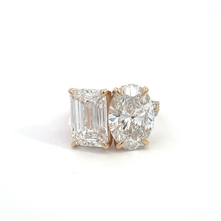 14K Y/G LAB GROWN DIAMOND TWO STONE RING WITH EMERALD AND OVAL CUT STONES 11.00CTS