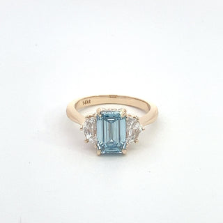 14K Y/G LAB GROWN BLUE & WHITE DIAMOND RING 3.00CT EMERALD CUT