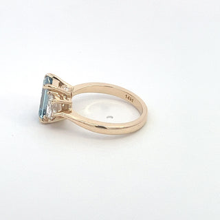 14K Y/G LAB GROWN BLUE & WHITE DIAMOND RING 3.00CT EMERALD CUT