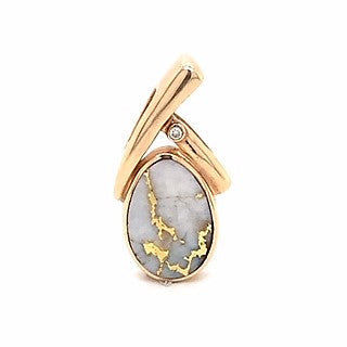 Diamond & Natural Gold Quartz & Ammolite Ladies Pendant 14K Yellow Gold