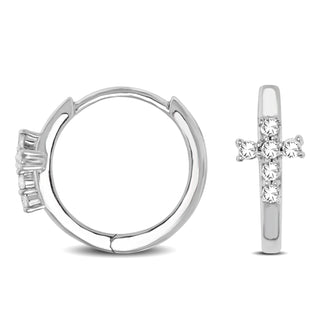 10K White Gold 1/8 Ctw Diamond Cross Hoop Earrings