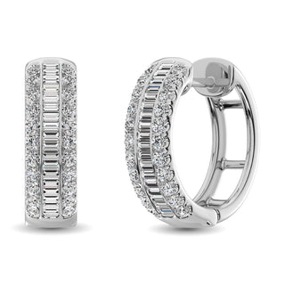 14K White Gold Round and Baguette Diamond 1/2 Ct.Tw. Hoop Earrings