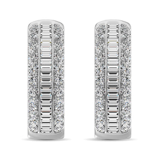 14K White Gold Round and Baguette Diamond 1/2 Ct.Tw. Hoop Earrings