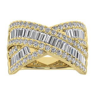 14K Yellow Gold 1 1/2 Ct.Tw. Diamond Round and Baguette Crossover Ring