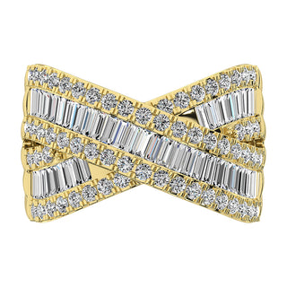 14K Yellow Gold 1 1/2 Ct.Tw. Diamond Round and Baguette Crossover Ring