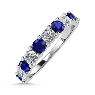 14K White Gold Machine Set Alternate Blue Sapphire and Diamond 5/8 Ct.Tw. Band