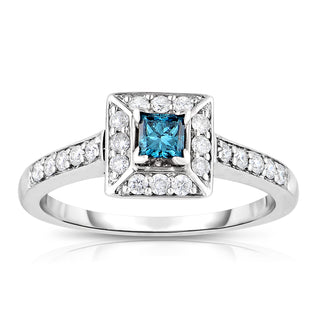 14K White Gold Blue Princess Diamond Halo Ring