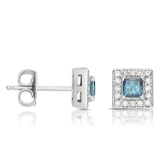 14K White Gold Blue Diamond Square Halo Stud Earrings