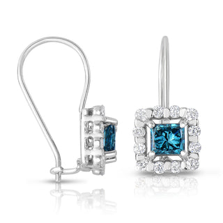 14K White Gold Blue Diamond Square Halo Fish Hook Earrings
