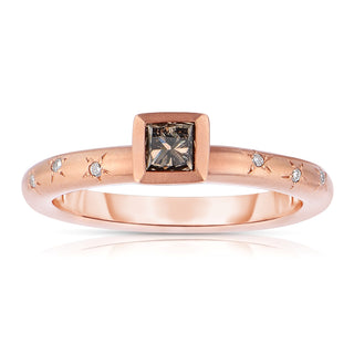 14K Rose Gold Natural Champagne Princess Diamond Halo Ring