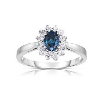 14K White Gold Blue Oval Diamond Halo Ring