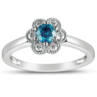 14K White Gold Blue Diamond Halo Ring