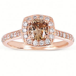 14K Rose Gold Natural Champagne Diamond Halo Ring