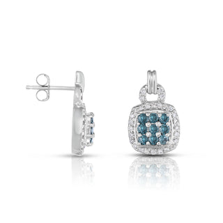 14K White Gold Blue Diamond Square Halo Earrings