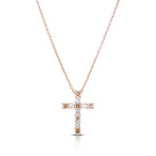 14K Rose Gold Natural Champagne Diamond Cross Pendant w/ Chain