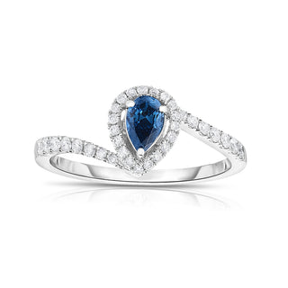 14K White Gold Blue Pear Diamond Halo Ring