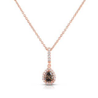 14K Rose Gold Natural Champagne Diamond Pear Halo Pendant w/ Chain