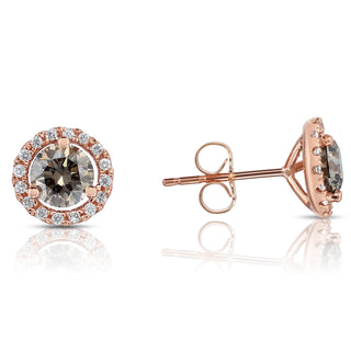 14K Rose Gold Natural Champagne Diamond Halo Stud Earrings