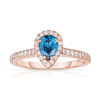 14K Rose Gold Blue Pear Diamond Halo Ring