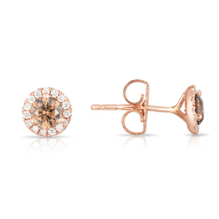 14K Rose Gold Natural Champagne Diamond Halo Stud Earrings