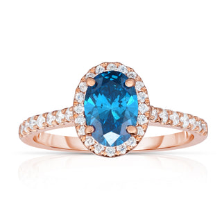 14K Rose Gold Blue Oval Diamond Halo Ring
