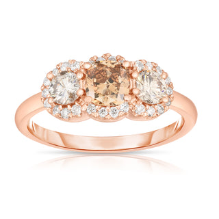 14K Rose Gold Natural Champagne Diamond 3 Stone Halo Ring