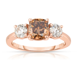 14K Rose Gold Natural Cushion Champagne Diamond 3 Stone Ring
